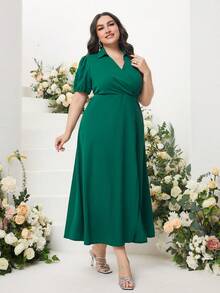 Modelyn Plus Puff Sleeve Button Detail Wrap Knot Side Dress - Green - View 5