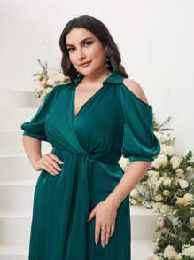 Modelyn Plus Cold Shoulder Puff Sleeve Wrap Detail Dress - Dark Green - View 4