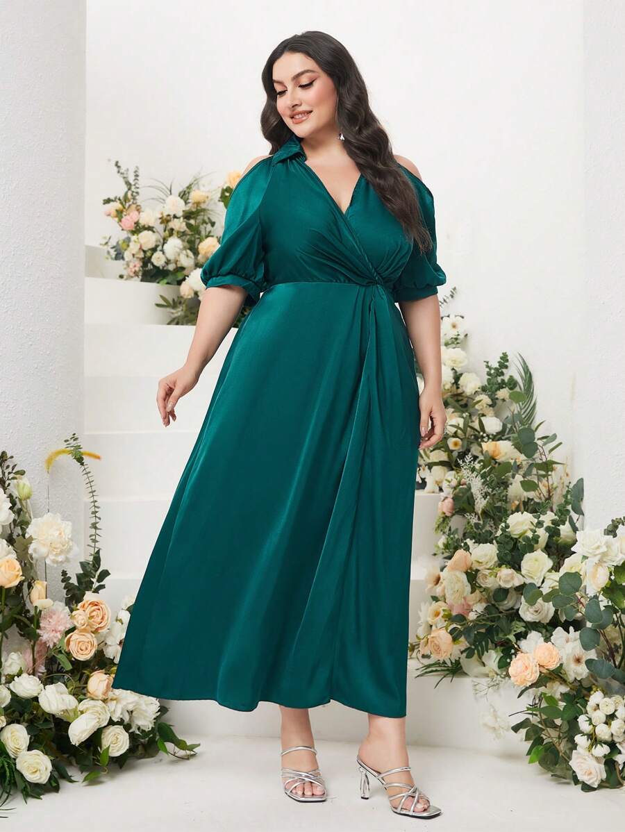 Modelyn Plus Cold Shoulder Puff Sleeve Wrap Detail Dress - Dark Green - View 1