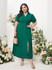 Modelyn Plus Puff Sleeve Button Detail Wrap Knot Side Dress - Green - View 6