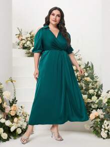 Modelyn Plus Cold Shoulder Puff Sleeve Wrap Detail Dress - Dark Green - View 6