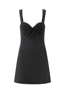 SHEIN Unity Đầm Tương phản ren Thắt nơ trước màu trơn Giải trí - màu đen - Xem 1