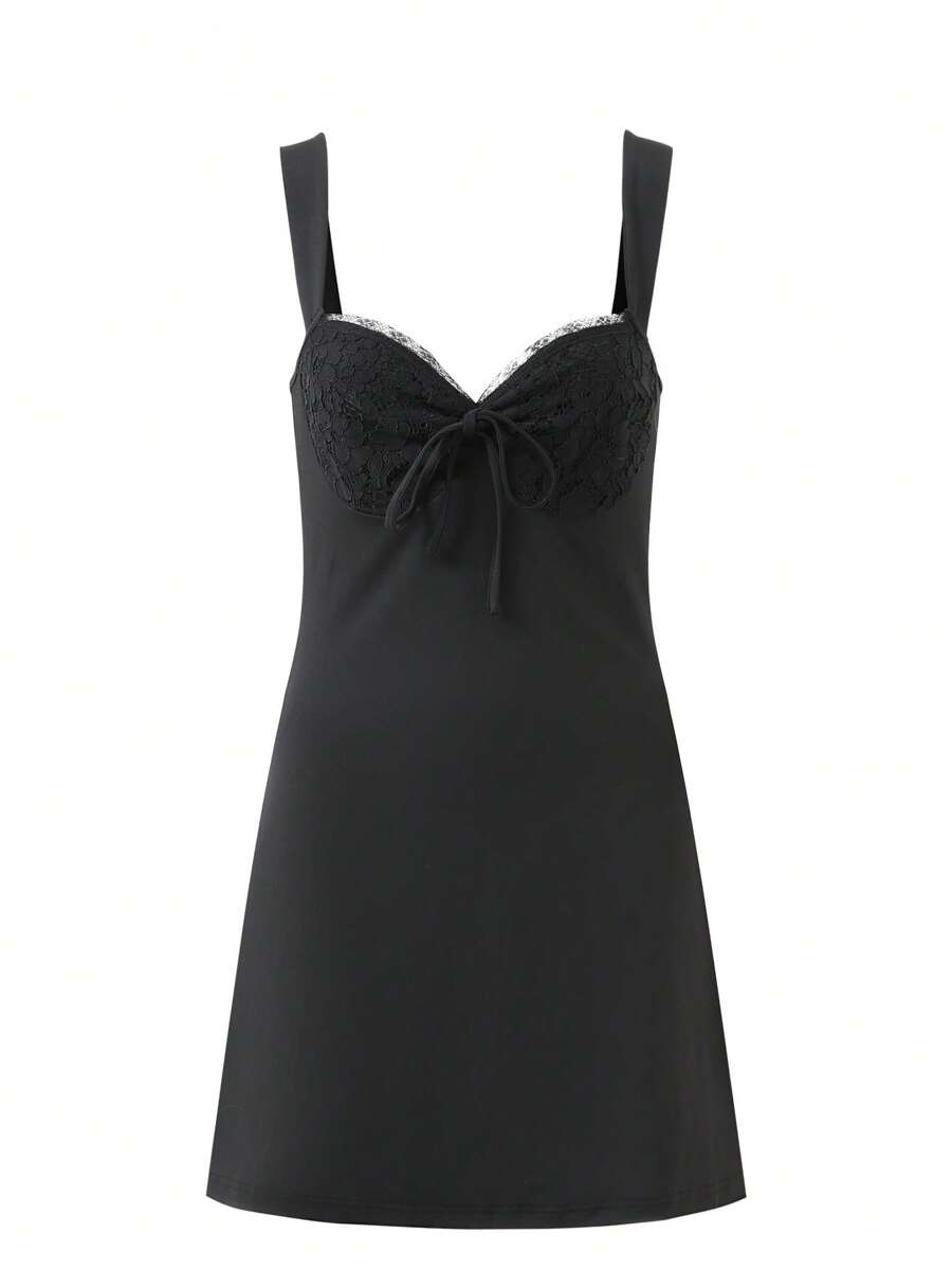 SHEIN Unity Đầm Tương phản ren Thắt nơ trước màu trơn Giải trí - màu đen - Xem 1