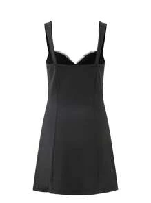 SHEIN Unity Đầm Tương phản ren Thắt nơ trước màu trơn Giải trí - màu đen - Xem 2