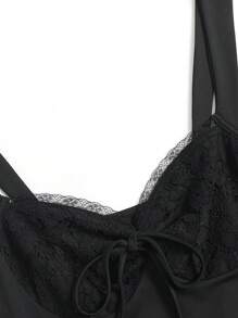 SHEIN Unity Đầm Tương phản ren Thắt nơ trước màu trơn Giải trí - màu đen - Xem 3