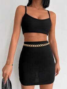 EURMUSE 素色鏈條細節半身裙 - 黑色 - 查看 1