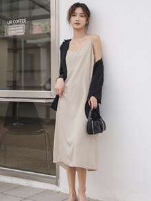 Vestido de tirantes unicolor - Albaricoque - Ver 3