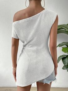 SHEIN Privé 不對稱領前扭結不對稱下擺T恤 - 白色 - 查看 2