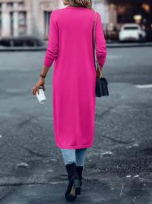 SHEIN LUNE Solid Open Front Longline Cardigan,Long Sleeve Tops - Hot Pink - View 2