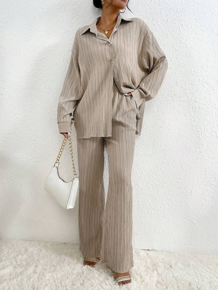 RueChic Drop Shoulder Shirt & Wide Leg Trousers - Beige - View 1