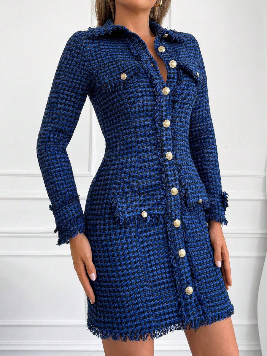 EURMUSE 毛邊緣前紐扣翻蓋細節洋裝 - 藍色 - 查看 1