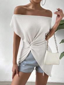 SHEIN Privé 不對稱領前扭結不對稱下擺T恤 - 白色 - 查看 4