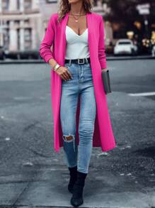 SHEIN LUNE Solid Open Front Longline Cardigan,Long Sleeve Tops - Hot Pink - View 4