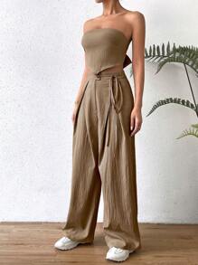 SHEIN Essnce Bộ đồ hai mảnh nữ Bất đối xứng Dây kéo màu trơn Giải trí - màu nâu - Xem 3