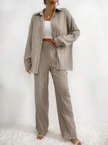 RueChic Drop Shoulder Shirt & Wide Leg Trousers - Beige - View 3