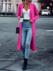 SHEIN LUNE Solid Open Front Longline Cardigan,Long Sleeve Tops - Hot Pink - View 5
