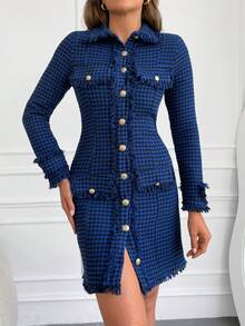 EURMUSE 毛邊緣前紐扣翻蓋細節洋裝 - 藍色 - 查看 4