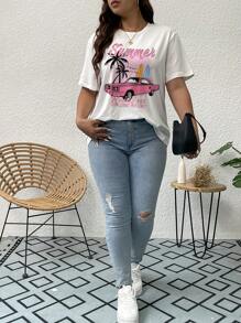 SHEIN Essnce 大碼汽車和標語圖案T恤 - 白色 - 查看 7