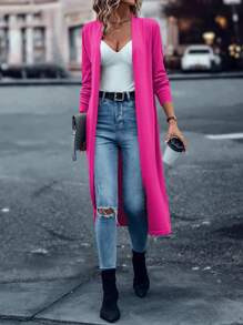 SHEIN LUNE Solid Open Front Longline Cardigan,Long Sleeve Tops - Hot Pink - View 6