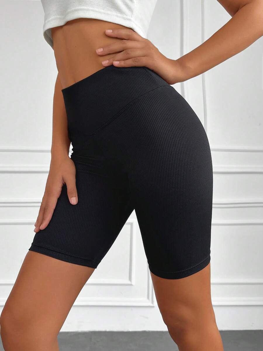 Wideband Waist Ribbed Knit Cycling Shorts - Black - View 1