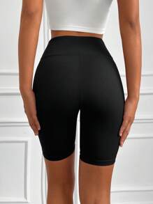 Wideband Waist Ribbed Knit Cycling Shorts - Black - View 2
