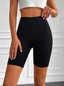 Wideband Waist Ribbed Knit Cycling Shorts - Black - View 4