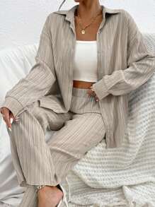 RueChic Drop Shoulder Shirt & Wide Leg Trousers - Beige - View 5