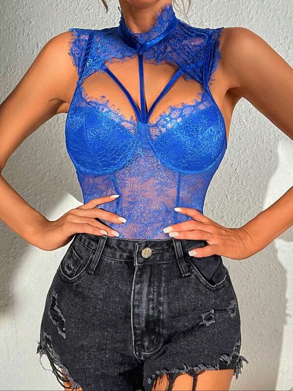 SHEIN Privé Cut Out Lace Bodysuit Without Lingerie Set SHEIN USA