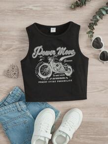 SHEIN Girls Motorcycle & Slogan Graphic Tank Top - Black - View 1