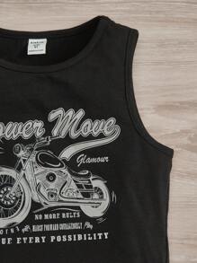 SHEIN Girls Motorcycle & Slogan Graphic Tank Top - Black - View 3