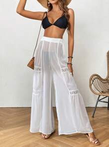 SHEIN VCAY Contrast Lace Ruffle Hem Cover Up Trousers Without Bikini Bottom - White - View 4