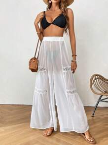 SHEIN VCAY Contrast Lace Ruffle Hem Cover Up Trousers Without Bikini Bottom - White - View 5