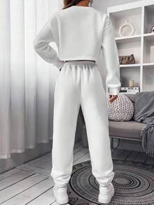 SHEIN Unity 字母圖案落肩袖衛衣和衛褲 - 白色 - 查看 2