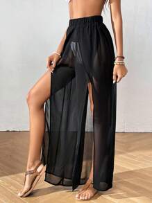 SHEIN VCAY Quần che đùi xẻ không có quần lót mùa hè - màu đen - Xem 1