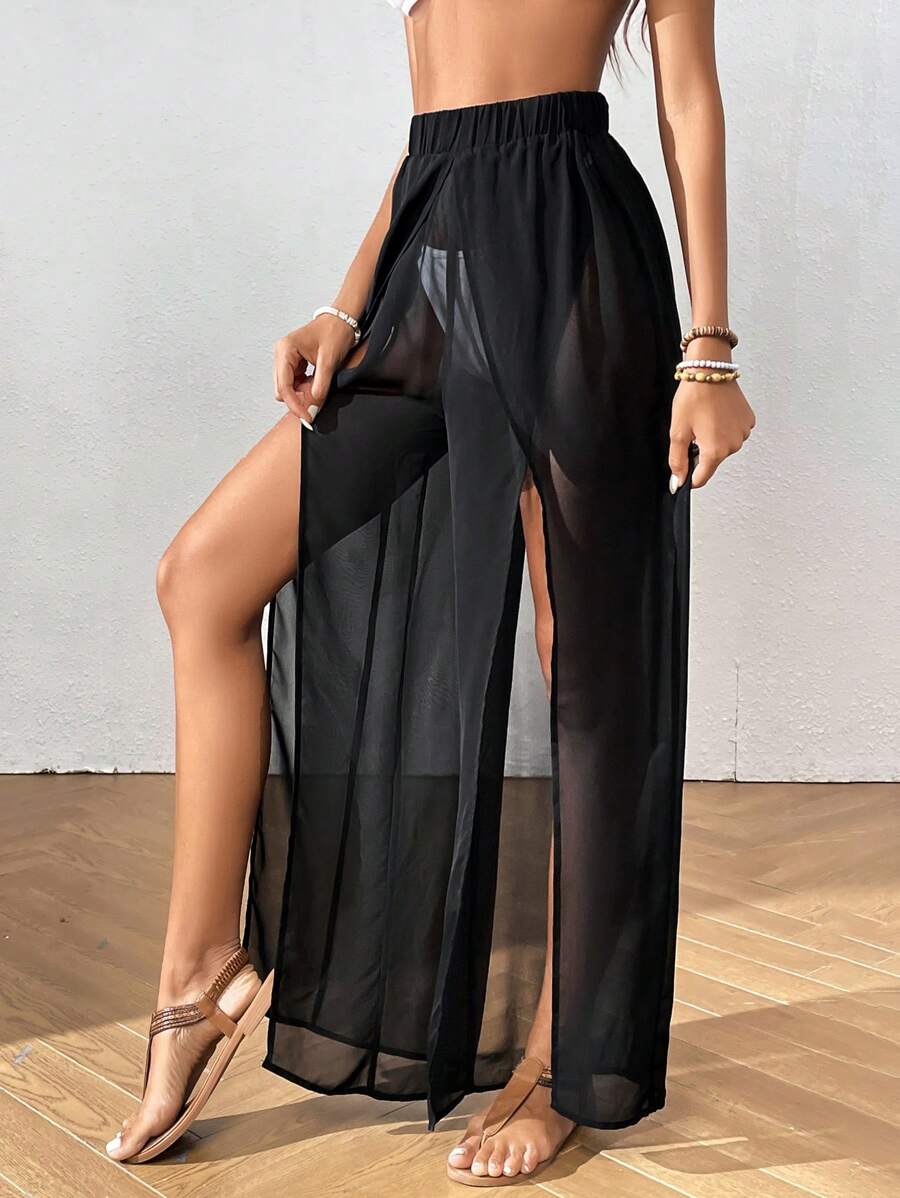 SHEIN VCAY Quần che đùi xẻ không có quần lót mùa hè - màu đen - Xem 1