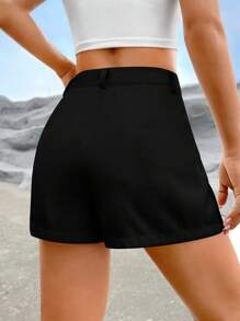 SHEIN EZwear Quần đùi nữ Túi Dây kéo Nút màu trơn Giải trí - màu đen - Xem 2