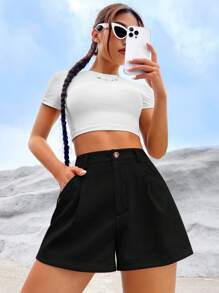 SHEIN EZwear Quần đùi nữ Túi Dây kéo Nút màu trơn Giải trí - màu đen - Xem 4