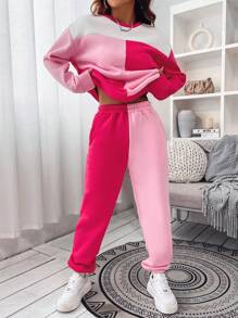 SHEIN Unity 2件套女士休闲宽松拼色套装 - 玫紅色 - 查看 2