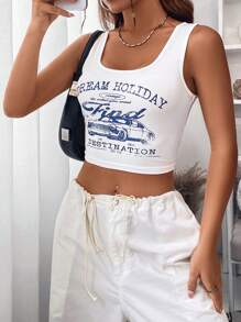 SHEIN Unity Car & Letter Graphic Crop Tank Top - White - View 4