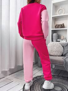 SHEIN Unity 2件套女士休闲宽松拼色套装 - 玫紅色 - 查看 4