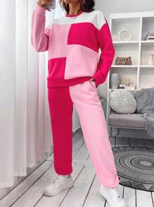 SHEIN Unity 2件套女士休闲宽松拼色套装 - 玫紅色 - 查看 6