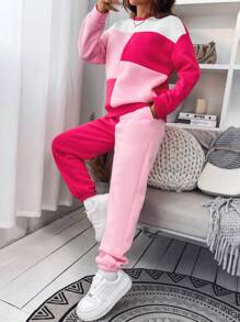 SHEIN Unity 2件套女士休闲宽松拼色套装 - 玫紅色 - 查看 5