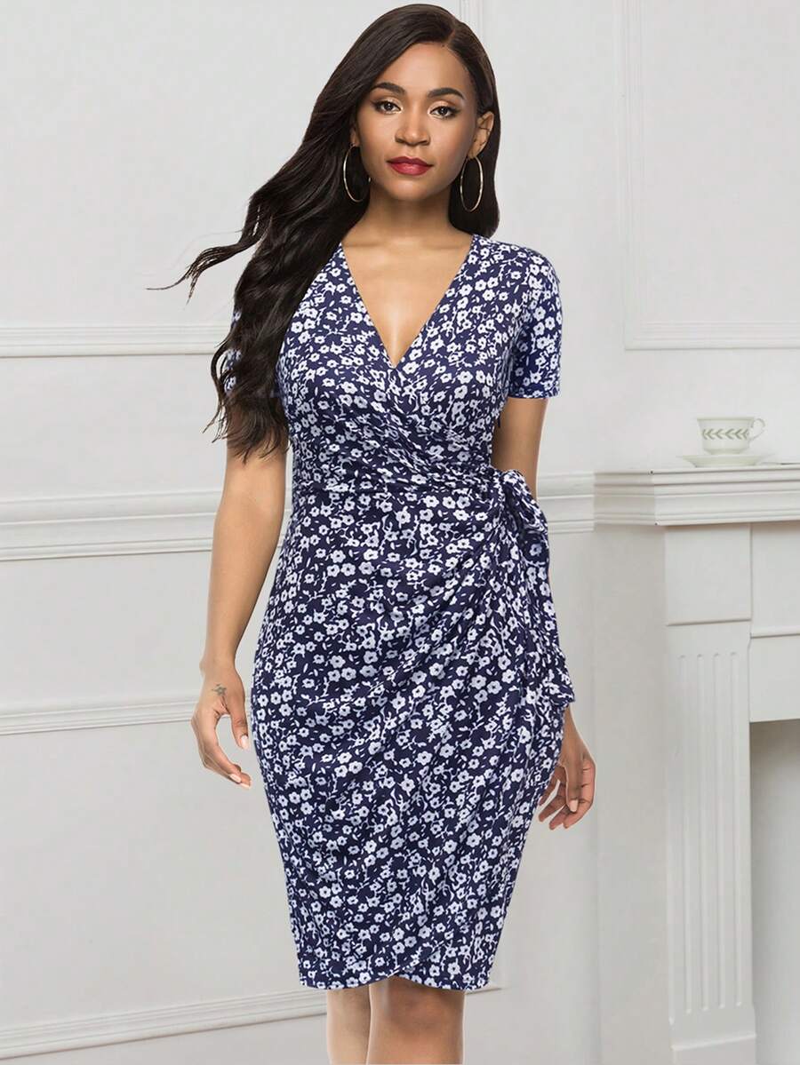 Allover Floral Print Knot Side Wrap Dress - Navy Blue - View 1