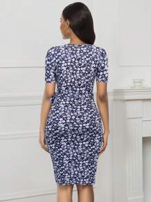 Allover Floral Print Knot Side Wrap Dress - Navy Blue - View 2