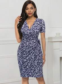Allover Floral Print Knot Side Wrap Dress - Navy Blue - View 4