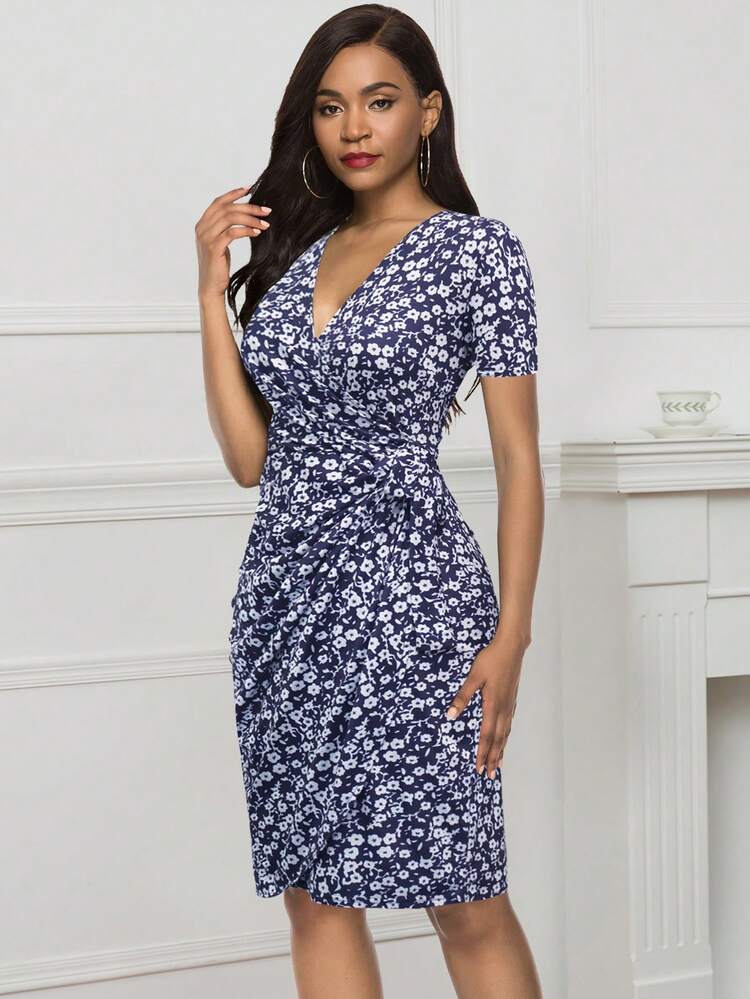 Vestido cruzado con estampado floral con nudo lateral - Azul Marino - Añade 5