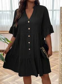 SHEIN LUNE Plus Flounce Sleeve Ruffle Hem Smock Dress - Black - View 1