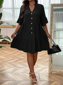 SHEIN LUNE Plus Flounce Sleeve Ruffle Hem Smock Dress - Black - View 4