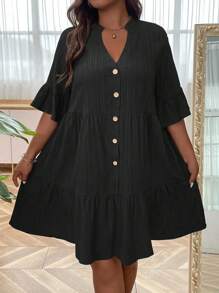 SHEIN LUNE Plus Flounce Sleeve Ruffle Hem Smock Dress - Black - View 5