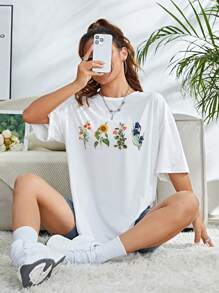 Camiseta de hombros caídos con estampado floral - Blanco - Ver 1